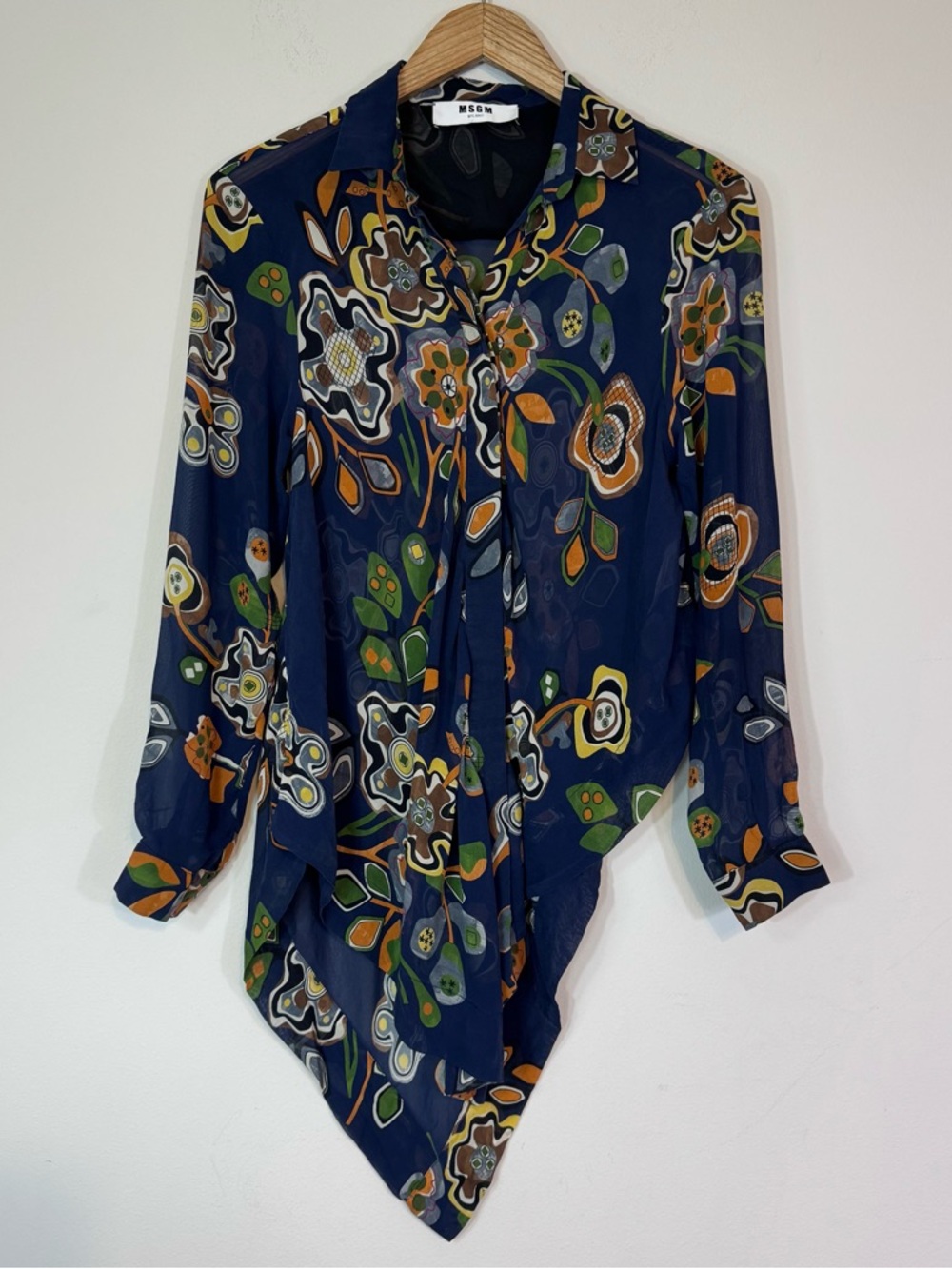MSGM Milano Navy Blue Sheer Floral Asymmetric Silk Blouse Top Size 42 IT (US 8)